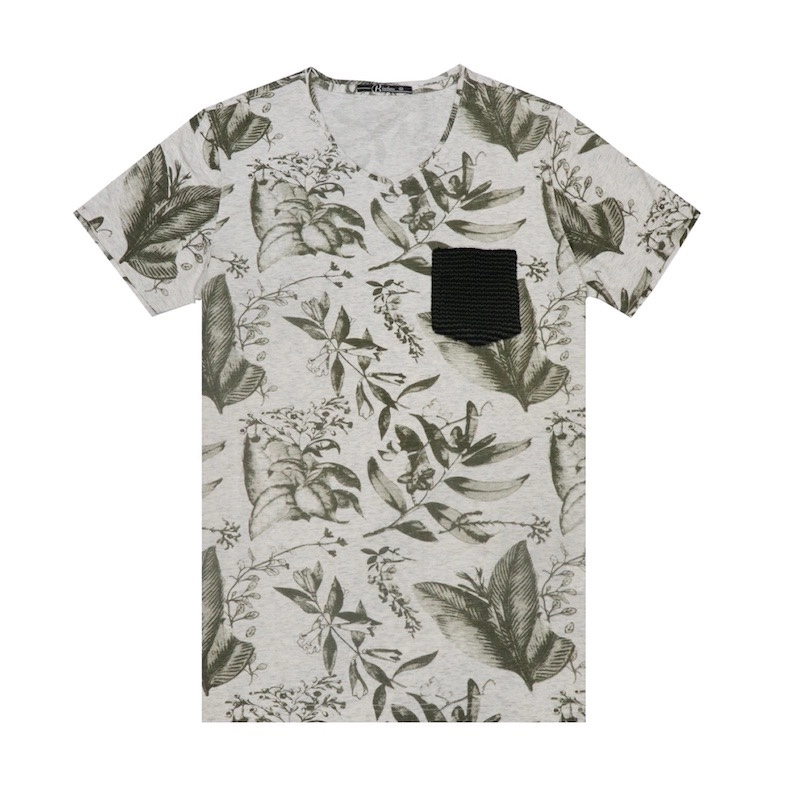 Fashion-Trendy-Full-Leaf-Pattern-Print-Front-Pocket-Pure-Cotton-Flower-Tshirt-Men